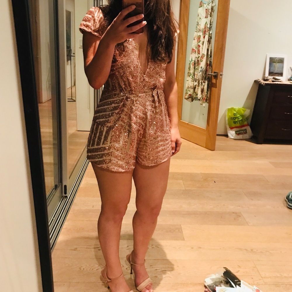 Art Deco sequin rose gold shorts romper with deep v-neck